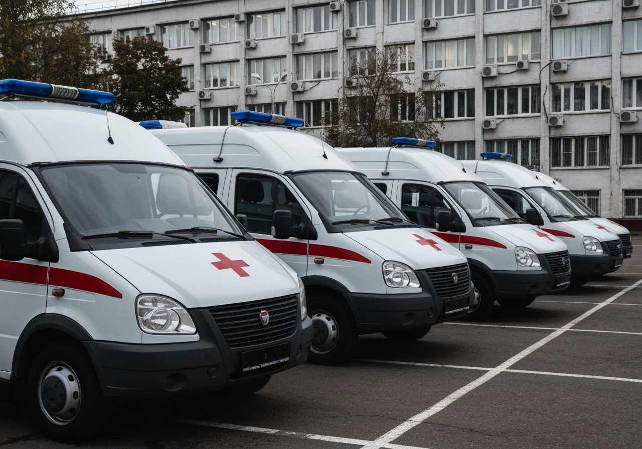 ряд автормобилей скорой помощи