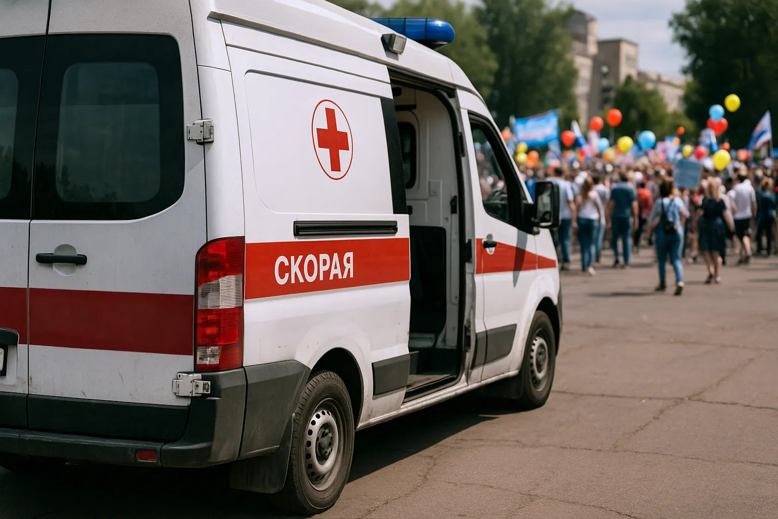 Скорая с открытой дверью и красным крестом дежурит возле толпы людей с шарами — дежурство скорой на мероприятиях.